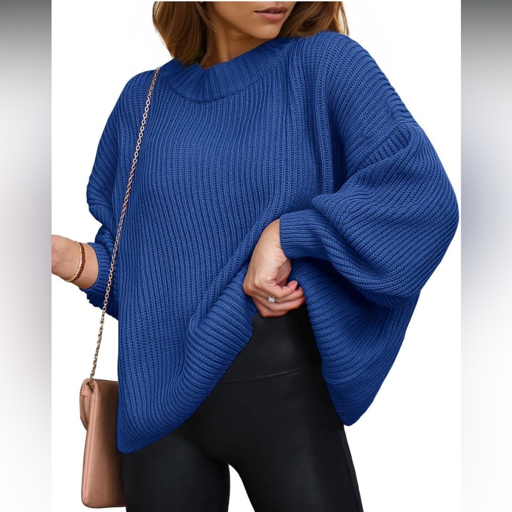 Blue Cowl Neck Sweater with Balloon Sleeves